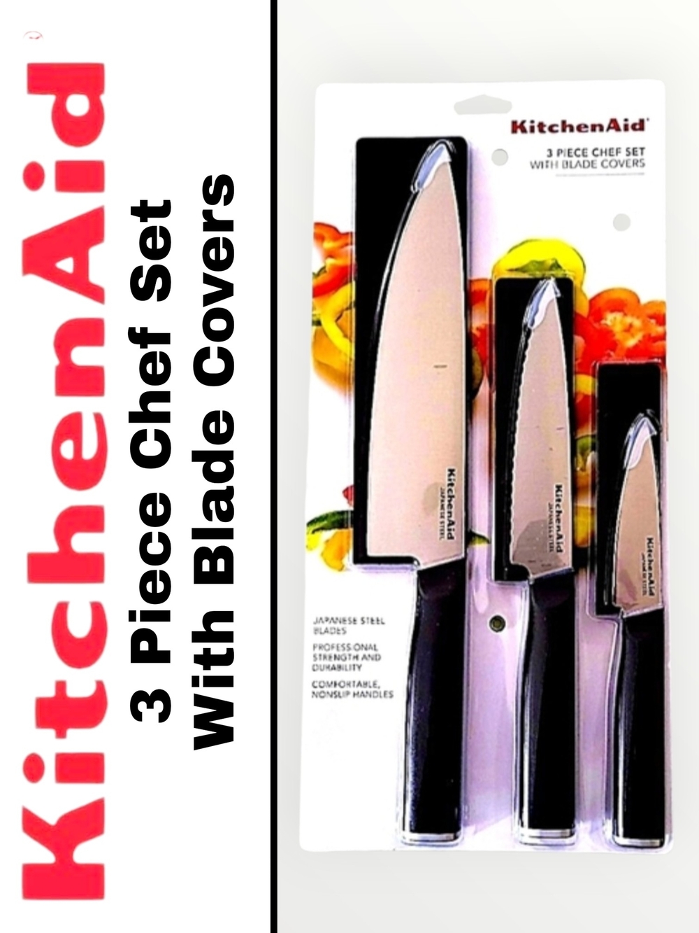 KitchenAid 3-Piece Chef Premium Knife Set - Silver Blades with Black Handles
